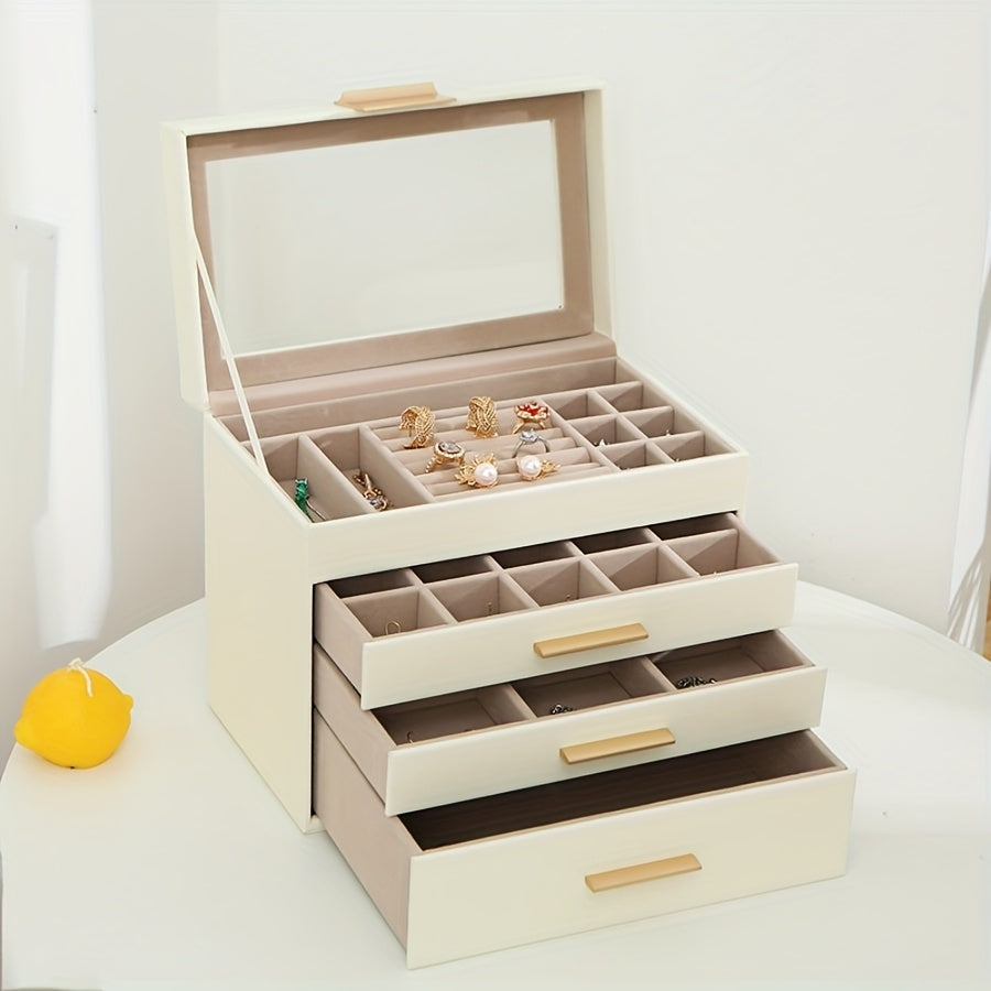 4-Layer Octagonal Faux Leather Jewelry Organizer with Transparent Drawers - Ring, Earring & Necklace Storage Box, Soft-Lined Compartments, Golden Handles, Polished Finish for Dresser or Desk - Elegant Gift for Mother’s Day, Valentine’s, Thanksgiving,