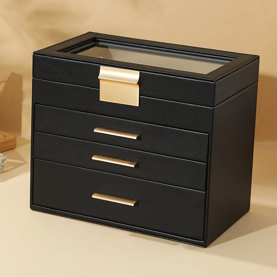 4-Layer Octagonal Faux Leather Jewelry Organizer with Transparent Drawers - Ring, Earring & Necklace Storage Box, Soft-Lined Compartments, Golden Handles, Polished Finish for Dresser or Desk - Elegant Gift for Mother’s Day, Valentine’s, Thanksgiving,