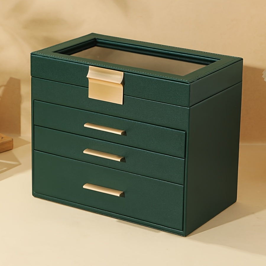 4-Layer Octagonal Faux Leather Jewelry Organizer with Transparent Drawers - Ring, Earring & Necklace Storage Box, Soft-Lined Compartments, Golden Handles, Polished Finish for Dresser or Desk - Elegant Gift for Mother’s Day, Valentine’s, Thanksgiving,