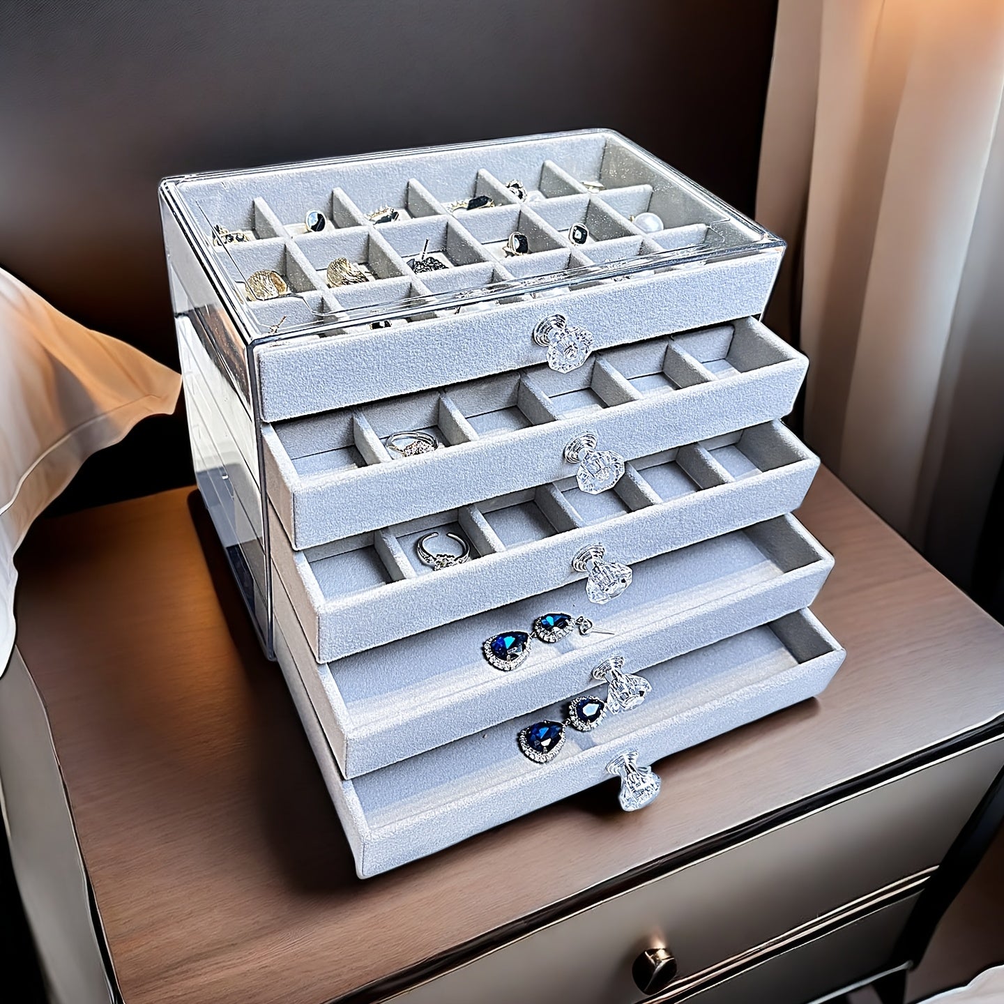 Elevated Transparent Desktop Rhinestone Light Luxury Jewelry Storage Box, Ring Bracelet Necklace Organizer - No Assembly Required Velvet Apricot Gray Home Set, Jewelry Boxes