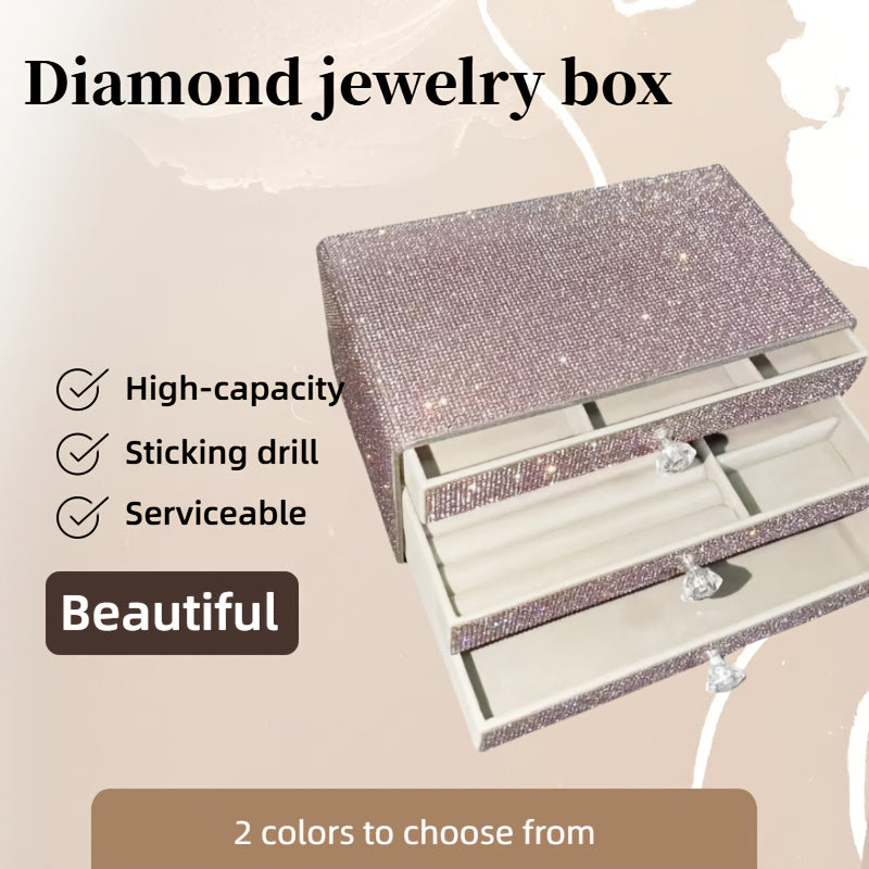 A Jewelry Box with Three Drawers Filled with Rhinestones, Available in Two Colors, Perfect for Beauty Enthusiasts, Jewelry Boxes