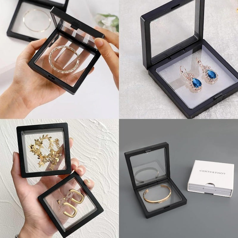 50pcs Classic 3D Floating Display Boxes, Transparent PE Film, Tabletop Mounting, Lockable Buckle Closure, Fabric Interior, Rectangle Shape, Moisture-Proof Storage for Jewelry, Earrings, Bracelets, Rings, Coins, Specimens