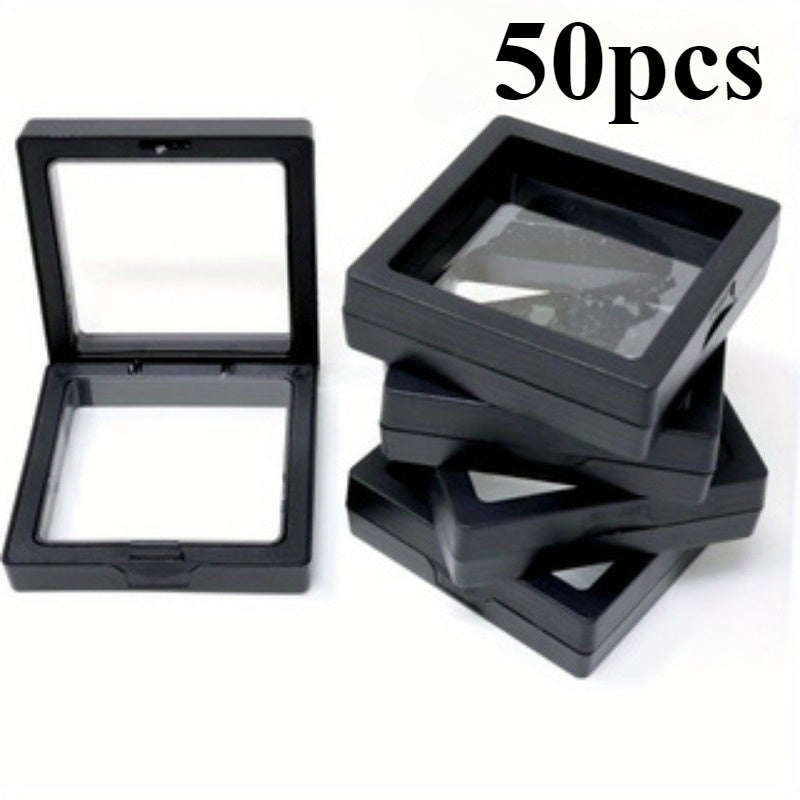 50pcs Classic 3D Floating Display Boxes, Transparent PE Film, Tabletop Mounting, Lockable Buckle Closure, Fabric Interior, Rectangle Shape, Moisture-Proof Storage for Jewelry, Earrings, Bracelets, Rings, Coins, Specimens