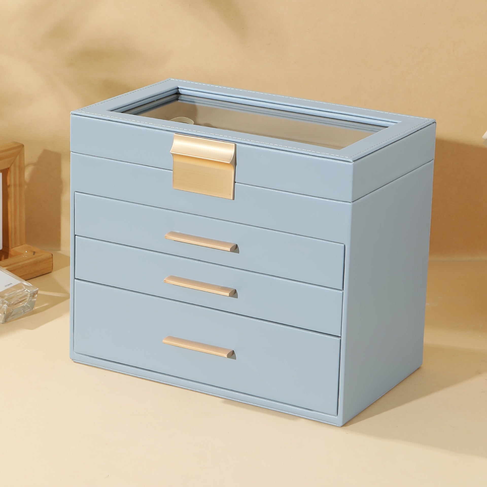 4-Layer Octagonal Faux Leather Jewelry Organizer with Transparent Drawers - Ring, Earring & Necklace Storage Box, Soft-Lined Compartments, Golden Handles, Polished Finish for Dresser or Desk - Elegant Gift for Mother’s Day, Valentine’s, Thanksgiving,