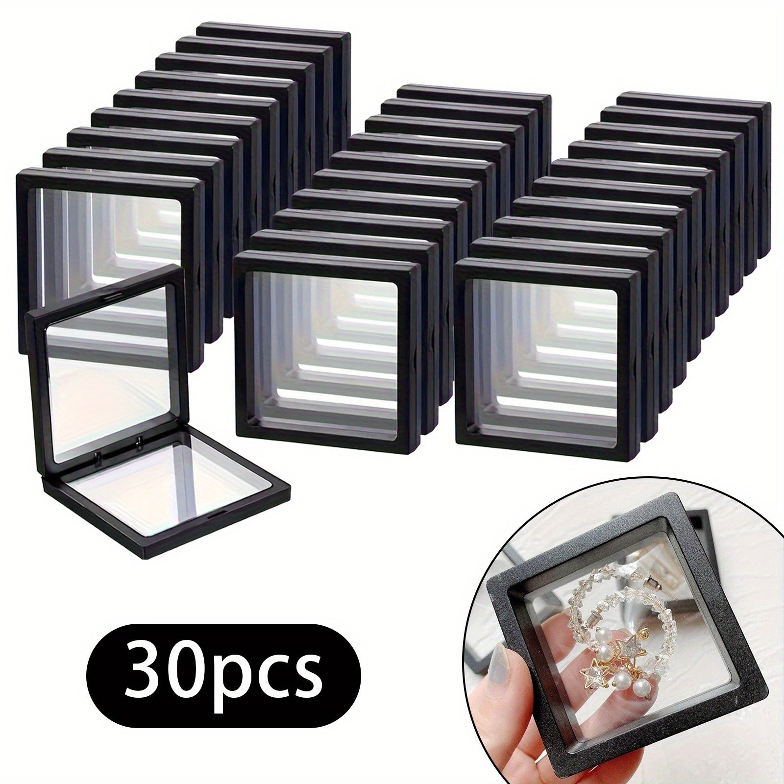 30pcs Elegant Black 3D Floating Display Cases with Elastic Film - Dustproof Plastic Jewelry Storage Boxes for Necklaces, Bracelets, Rings, Coins, Earrings, Pins - Ideal for Retail and Personal Use, Contemporary Style, Tabletop Mounting, Buckle Closure,