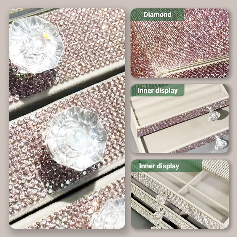 A Jewelry Box with Three Drawers Filled with Rhinestones, Available in Two Colors, Perfect for Beauty Enthusiasts, Jewelry Boxes