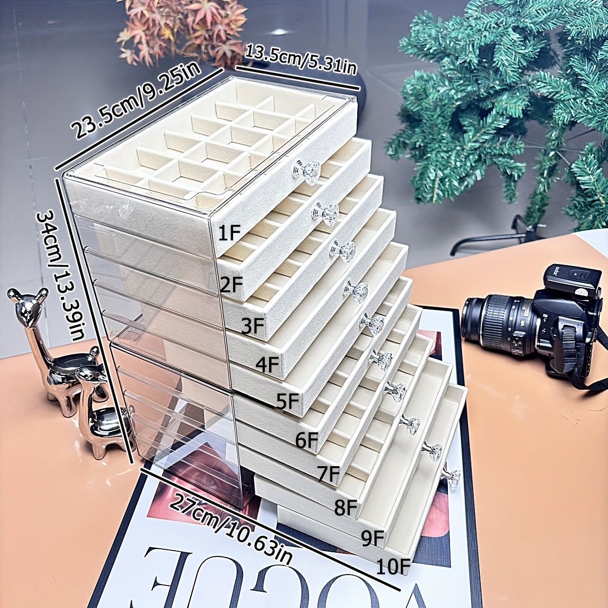 Elevated Transparent Desktop Rhinestone Light Luxury Jewelry Storage Box, Ring Bracelet Necklace Organizer - No Assembly Required Velvet Apricot Gray Home Set, Jewelry Boxes