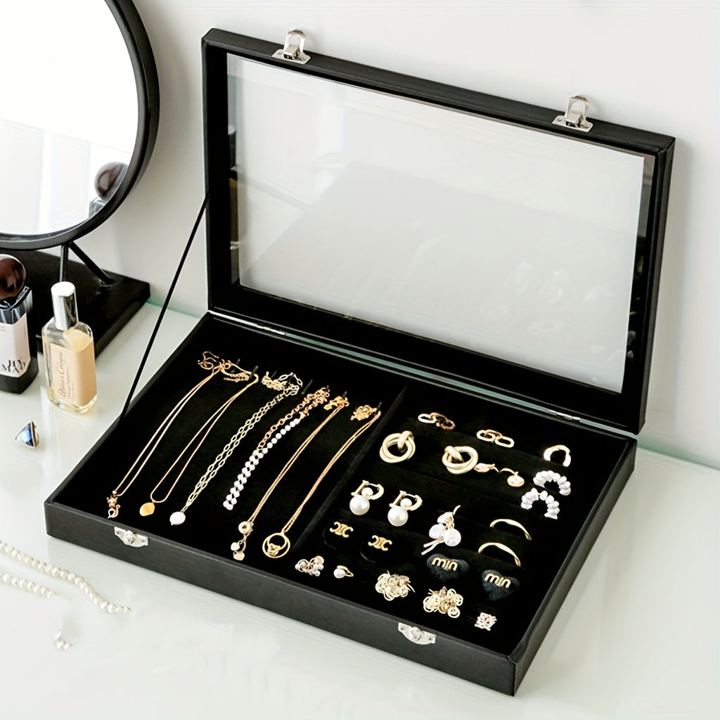 Classic Black Velvet Jewelry Box with Clear Glass Lid, Multi-Compartment for Necklaces and Rings Durable Metal Clasp Ideal Gift or Personal Use