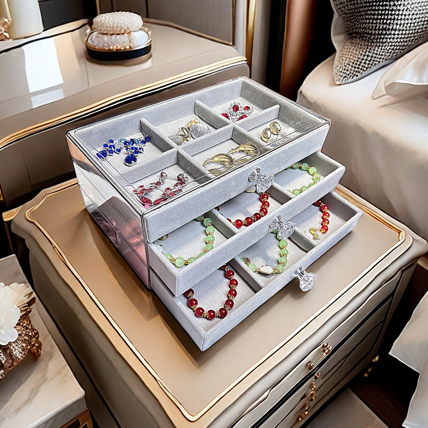 Elevated Transparent Desktop Rhinestone Light Luxury Jewelry Storage Box, Ring Bracelet Necklace Organizer - No Assembly Required Velvet Apricot Gray Home Set, Jewelry Boxes