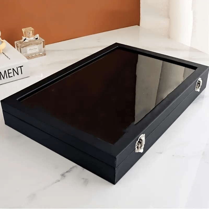 Classic Black Velvet Jewelry Box with Clear Glass Lid, Multi-Compartment for Necklaces and Rings Durable Metal Clasp Ideal Gift or Personal Use
