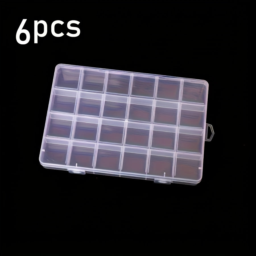 6pcs Set Clear Plastic Storage Box with Lid - 24-Compartment Organizer with Dividers, Durable Transparent Design for Jewelry, Beads, Screws, Buttons & Small Parts - Ideal Housewarming Gift, Moving Storage Solution, Compact & Sturdy Plastic Case, Home