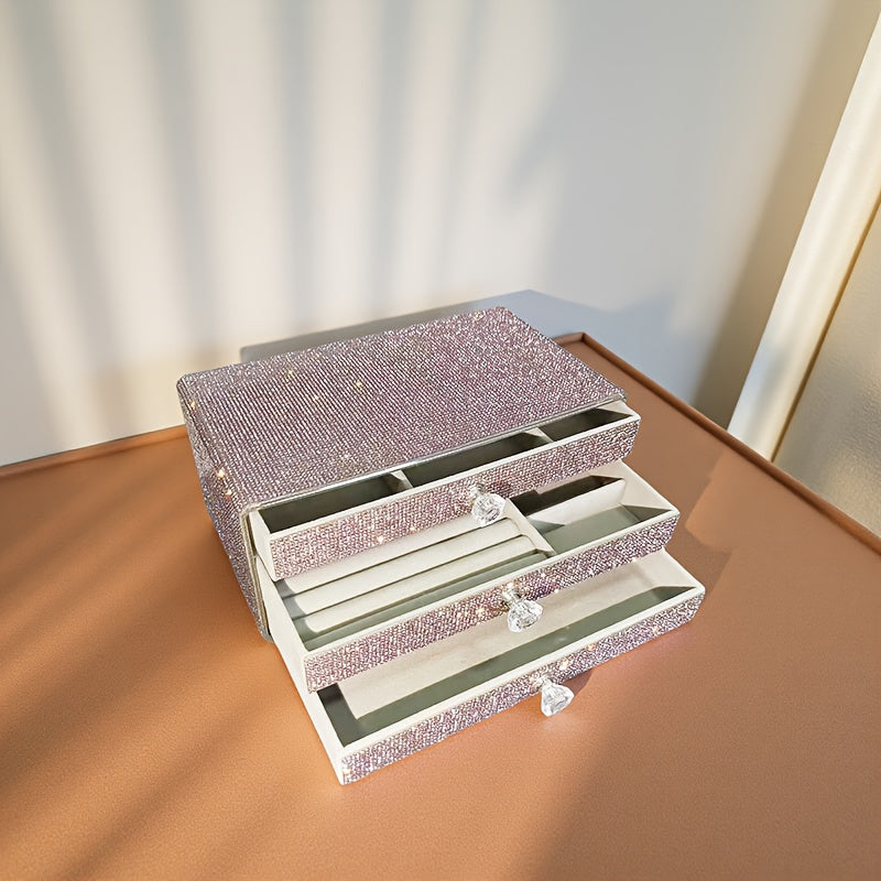 A Jewelry Box with Three Drawers Filled with Rhinestones, Available in Two Colors, Perfect for Beauty Enthusiasts, Jewelry Boxes