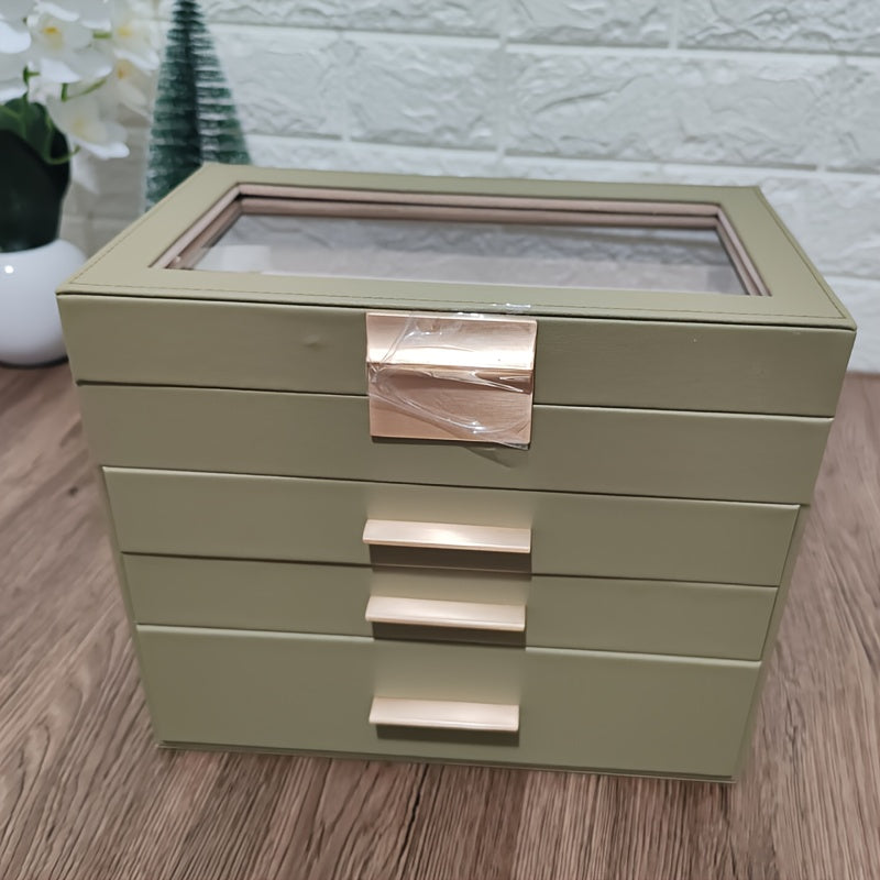 4-Layer Octagonal Faux Leather Jewelry Organizer with Transparent Drawers - Ring, Earring & Necklace Storage Box, Soft-Lined Compartments, Golden Handles, Polished Finish for Dresser or Desk - Elegant Gift for Mother’s Day, Valentine’s, Thanksgiving,