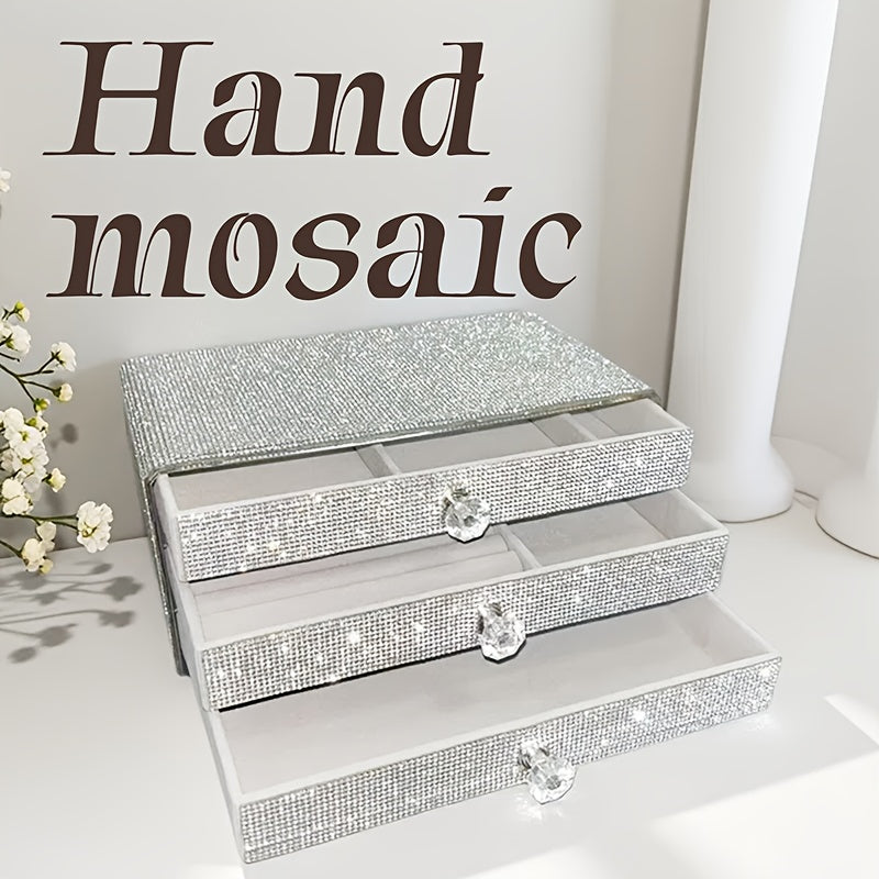 A Jewelry Box with Three Drawers Filled with Rhinestones, Available in Two Colors, Perfect for Beauty Enthusiasts, Jewelry Boxes