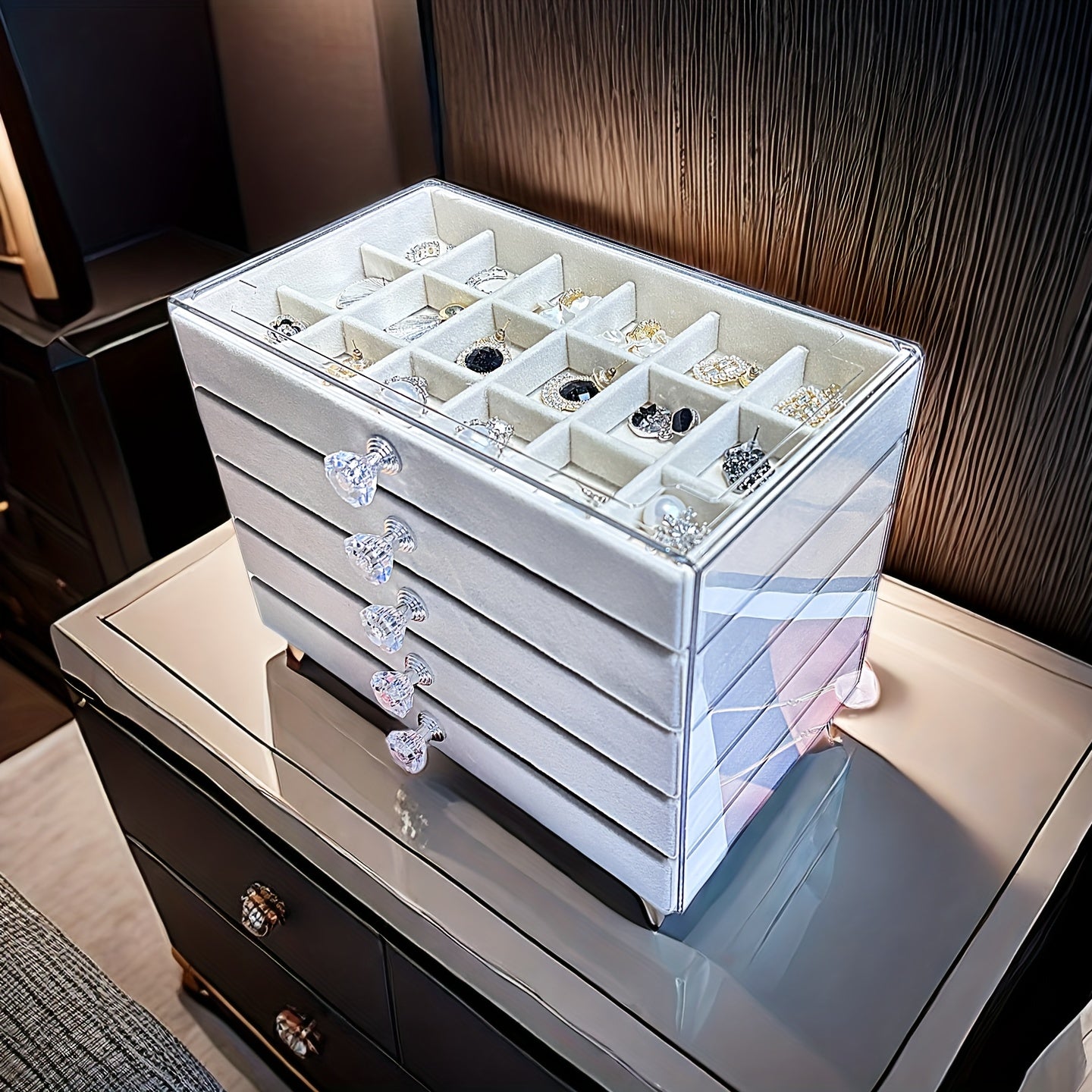 Elevated Transparent Desktop Rhinestone Light Luxury Jewelry Storage Box, Ring Bracelet Necklace Organizer - No Assembly Required Velvet Apricot Gray Home Set, Jewelry Boxes