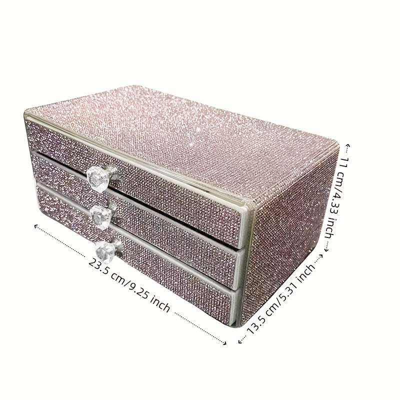 A Jewelry Box with Three Drawers Filled with Rhinestones, Available in Two Colors, Perfect for Beauty Enthusiasts, Jewelry Boxes