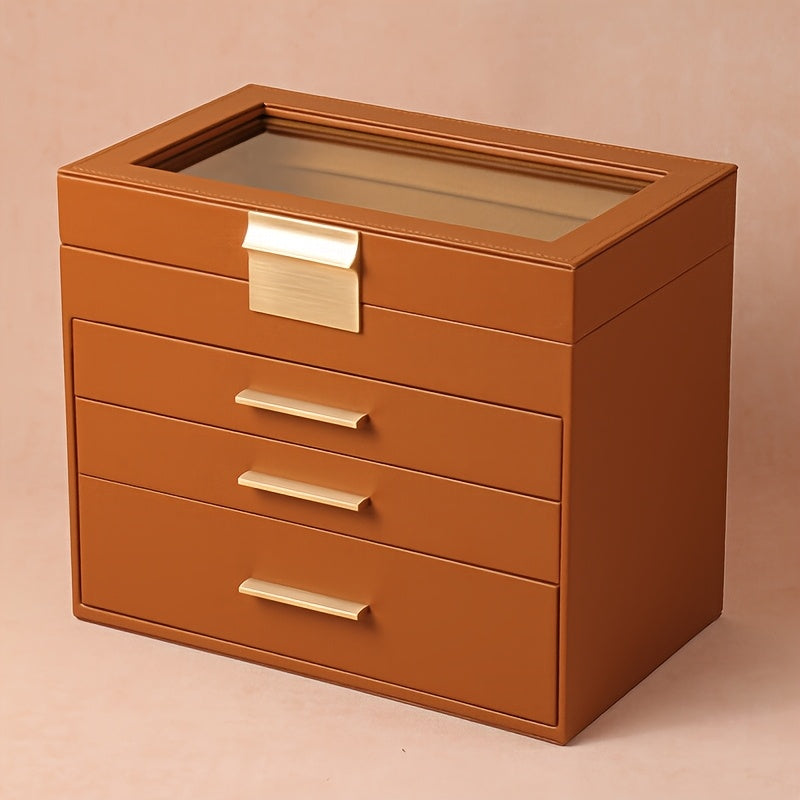 4-Layer Octagonal Faux Leather Jewelry Organizer with Transparent Drawers - Ring, Earring & Necklace Storage Box, Soft-Lined Compartments, Golden Handles, Polished Finish for Dresser or Desk - Elegant Gift for Mother’s Day, Valentine’s, Thanksgiving,
