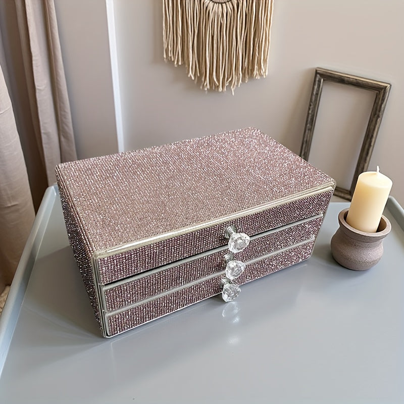 A Jewelry Box with Three Drawers Filled with Rhinestones, Available in Two Colors, Perfect for Beauty Enthusiasts, Jewelry Boxes