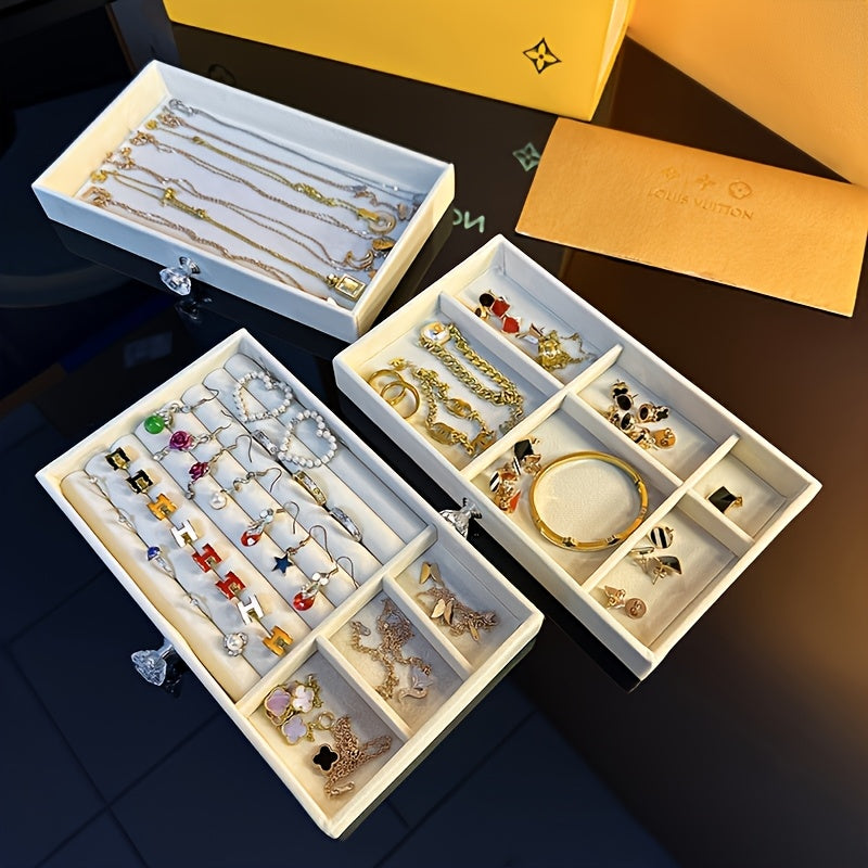 2pcs Jewelry Storage Box Set Three-layer Portable with Glass Lid Organizer for Earrings Display and Ring Display