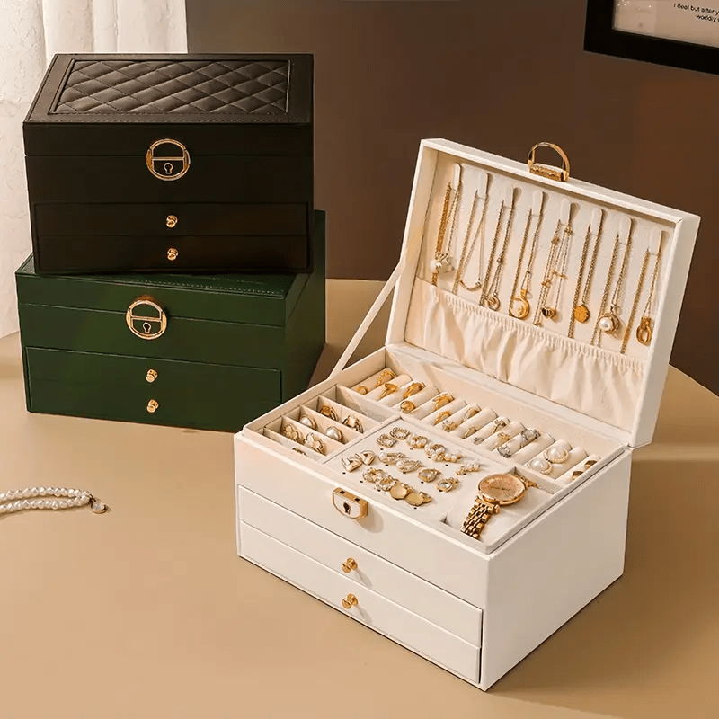 Elegant White Faux Leather Jewelry Organizer Box with Lock - Multi-Compartment Design for Necklaces, Earrings, Bracelets & Watches - Perfect Gift for Birthdays, Anniversaries & Special Occasions, Jewelry Gift Box, Secure Storage, Highquality Craftsmanship