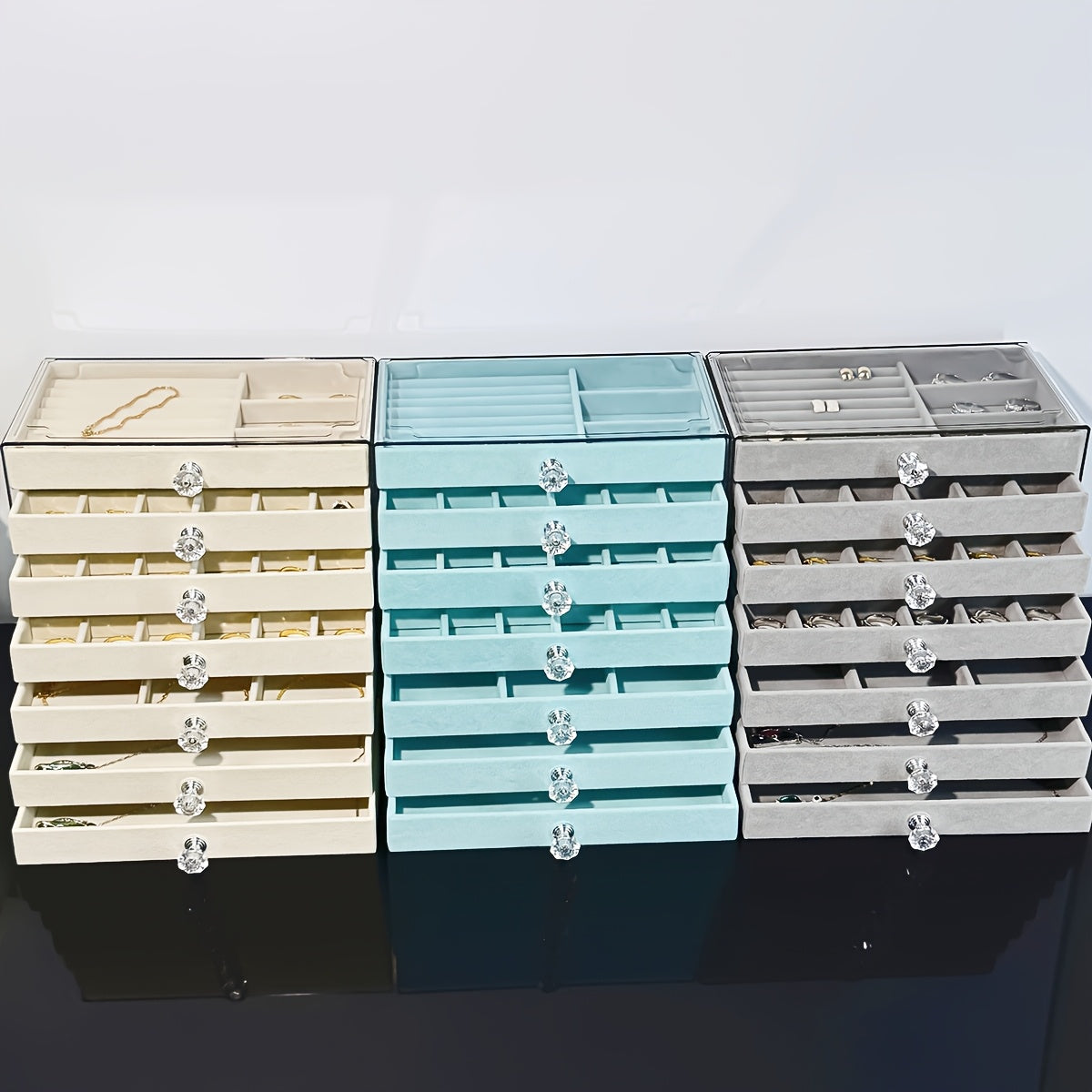 1pc Elegant 7-Layer Large Capacity Jewelry Organizer Box with Soft Flannel Lining - Light Blue Plastic Storage Case for Bracelets, Necklaces, Earrings, Rings - Multi-Compartment Design with Secure Clasp Closure, Classic Octagonal Shape for Vanity or Desk,