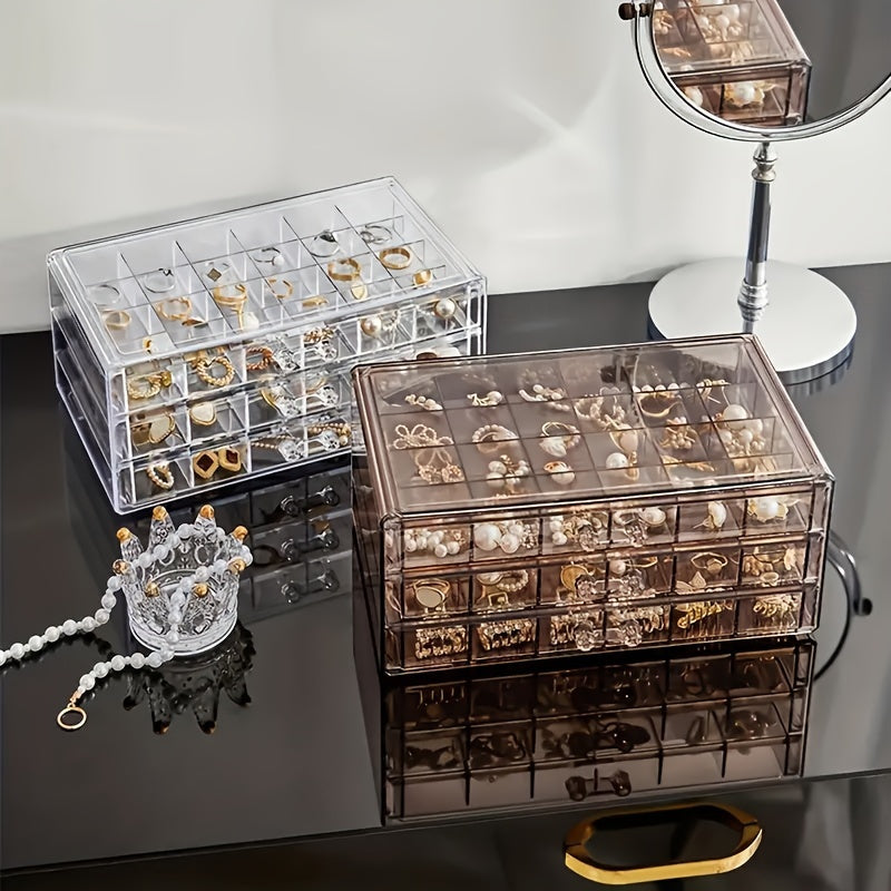 3-Tier Jewelry Organizer Box with Lid - 72-Compartment Clear Plastic Storage for Earrings, Necklaces, Bracelets, Crafts & Seeds - Multi-Layer Drawer Design for Easy Organization, Jewelry Organizer Storage