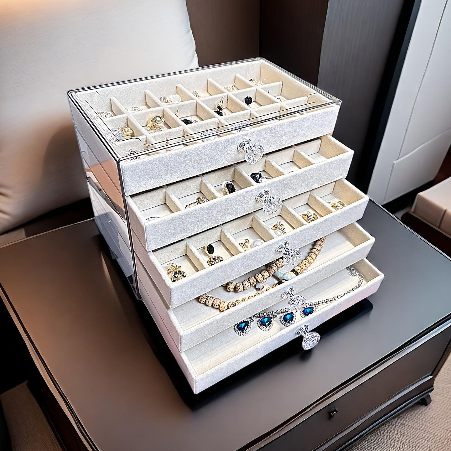 Elevated Transparent Desktop Rhinestone Light Luxury Jewelry Storage Box, Ring Bracelet Necklace Organizer - No Assembly Required Velvet Apricot Gray Home Set, Jewelry Boxes