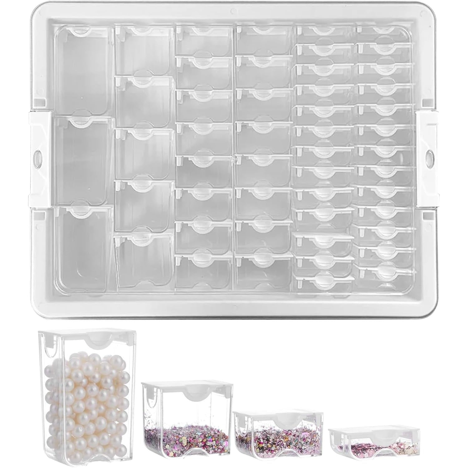 1 Set Bead Storage Solutions Includes 50 Clear Removable Bead Storage Containers with Snap Shut Lid, Plastic Bead Organizer Box for Nail Art Rhinestone Jewelry, Jewelry Organizer Box