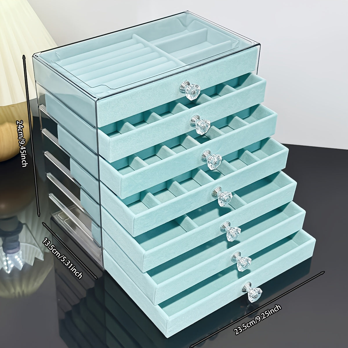 1pc Elegant 7-Layer Large Capacity Jewelry Organizer Box with Soft Flannel Lining - Light Blue Plastic Storage Case for Bracelets, Necklaces, Earrings, Rings - Multi-Compartment Design with Secure Clasp Closure, Classic Octagonal Shape for Vanity or Desk,