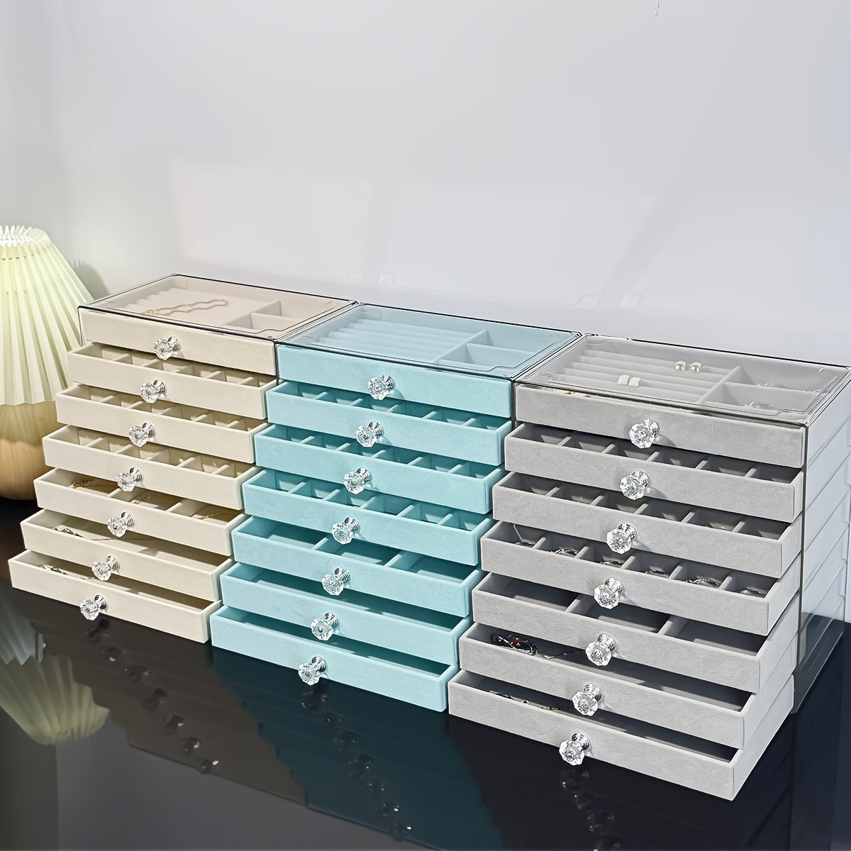 1pc Elegant 7-Layer Large Capacity Jewelry Organizer Box with Soft Flannel Lining - Light Blue Plastic Storage Case for Bracelets, Necklaces, Earrings, Rings - Multi-Compartment Design with Secure Clasp Closure, Classic Octagonal Shape for Vanity or Desk,