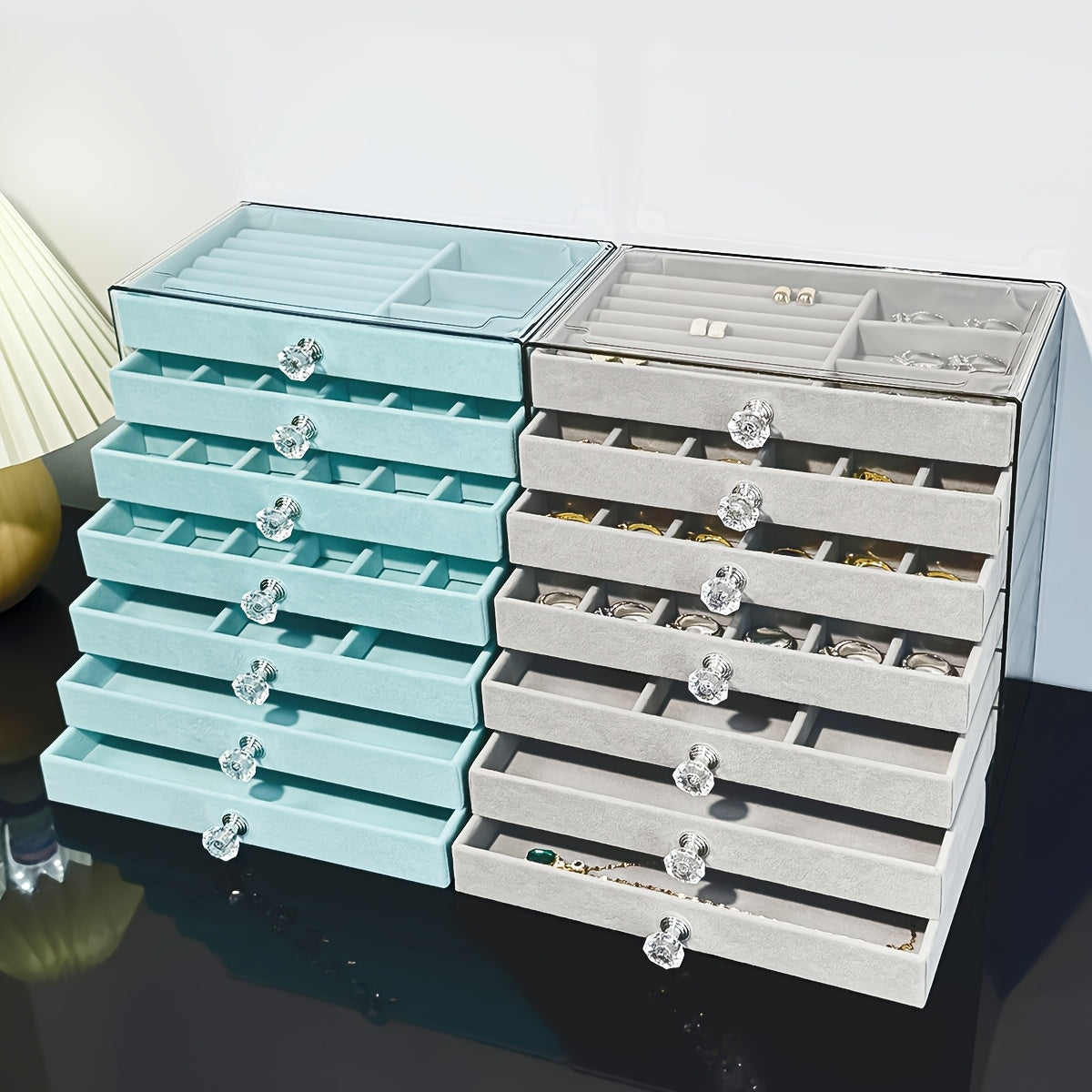 1pc Elegant 7-Layer Large Capacity Jewelry Organizer Box with Soft Flannel Lining - Light Blue Plastic Storage Case for Bracelets, Necklaces, Earrings, Rings - Multi-Compartment Design with Secure Clasp Closure, Classic Octagonal Shape for Vanity or Desk,