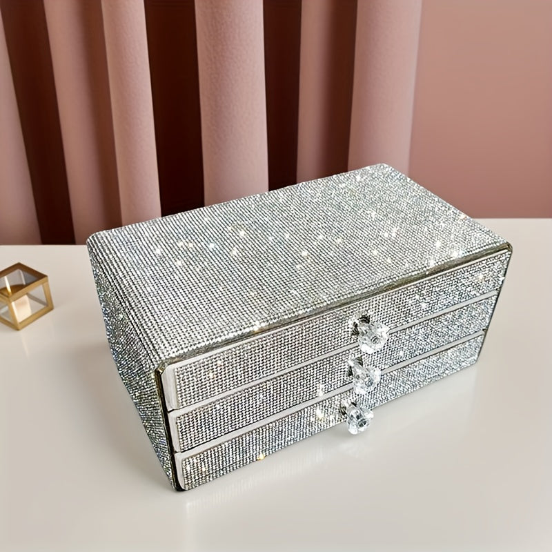 A Jewelry Box with Three Drawers Filled with Rhinestones, Available in Two Colors, Perfect for Beauty Enthusiasts, Jewelry Boxes