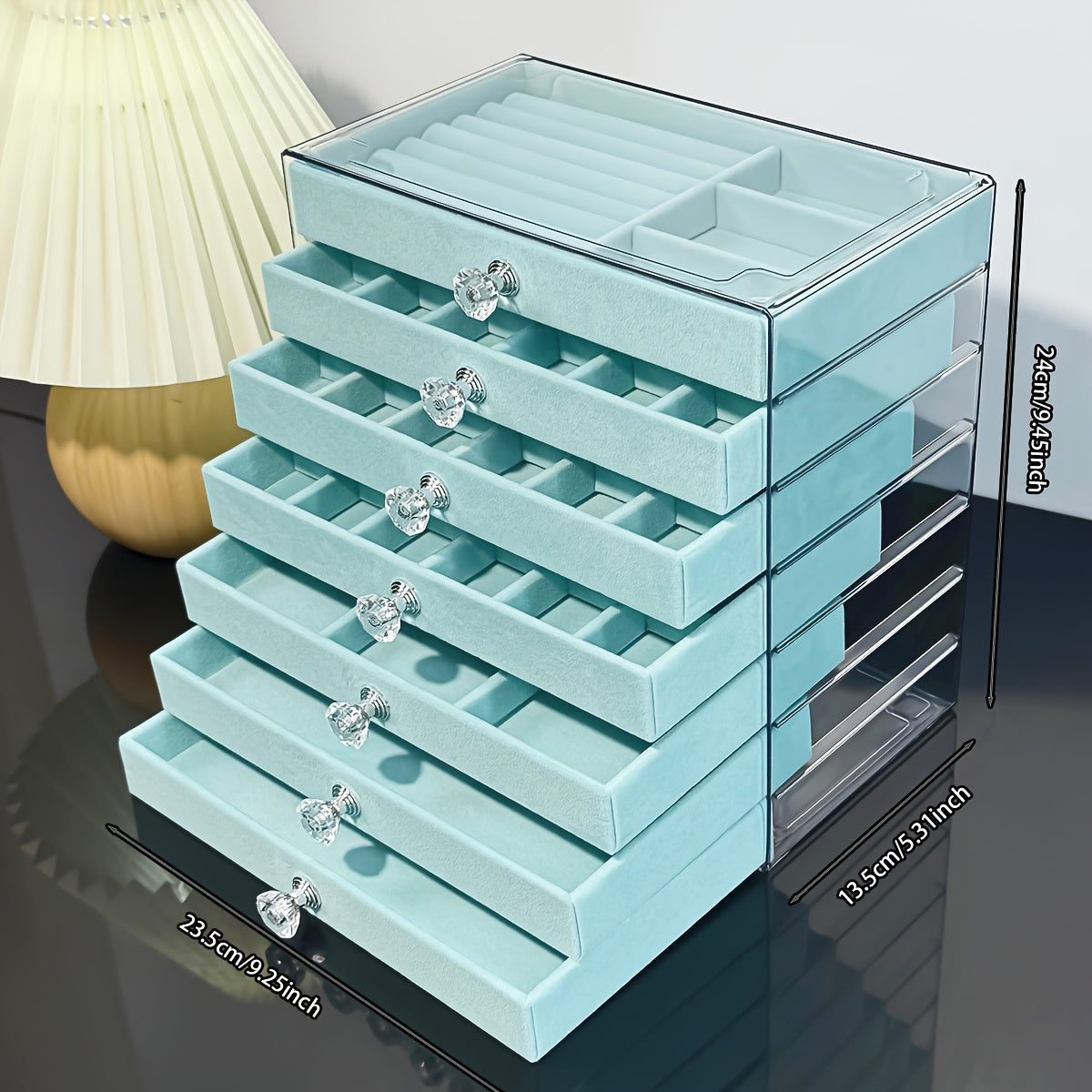 1pc Elegant 7-Layer Large Capacity Jewelry Organizer Box with Soft Flannel Lining - Light Blue Plastic Storage Case for Bracelets, Necklaces, Earrings, Rings - Multi-Compartment Design with Secure Clasp Closure, Classic Octagonal Shape for Vanity or Desk,