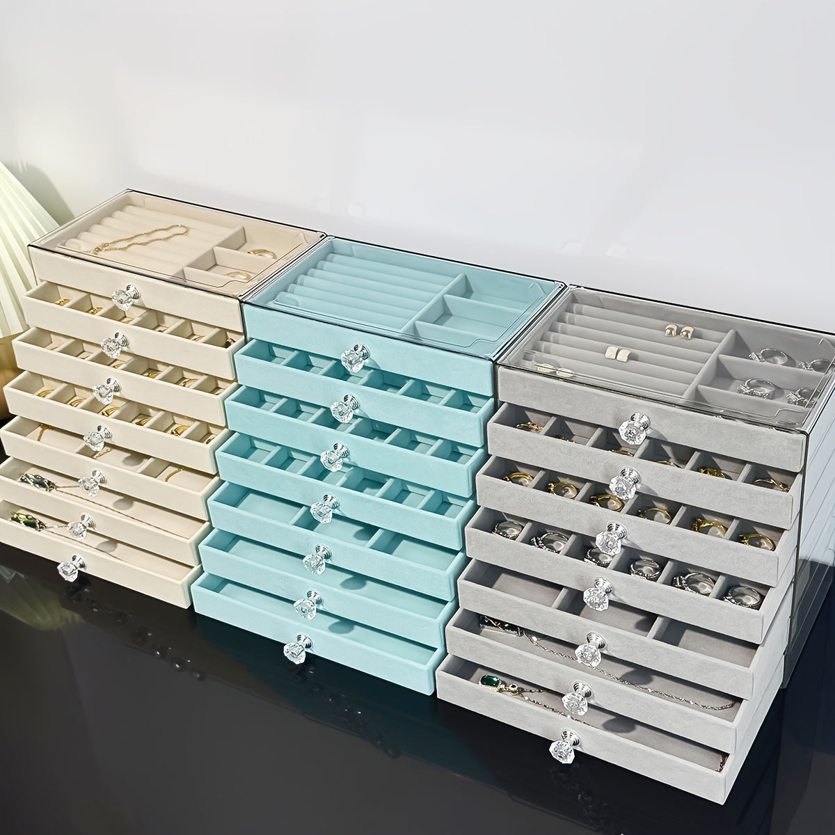 1pc Elegant 7-Layer Large Capacity Jewelry Organizer Box with Soft Flannel Lining - Light Blue Plastic Storage Case for Bracelets, Necklaces, Earrings, Rings - Multi-Compartment Design with Secure Clasp Closure, Classic Octagonal Shape for Vanity or Desk,